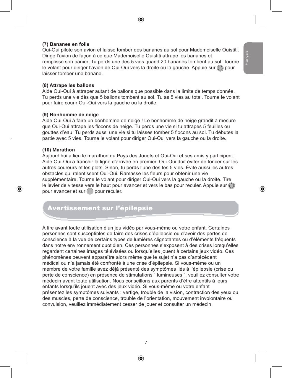 Liste des activités avertissement sur l’épilepsie | Lexibook JG6000NO User Manual | Page 7 / 33