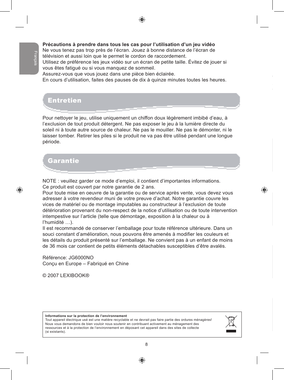 Entretien, Garantie, Start-up guide | Lexibook JG6000NO User Manual | Page 8 / 33