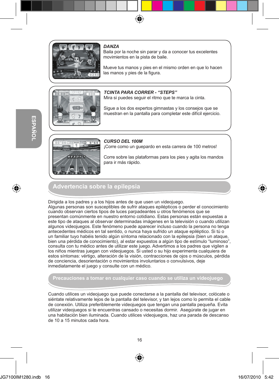 Advertencia sobre la epilepsia | Lexibook JG7100 User Manual | Page 16 / 44