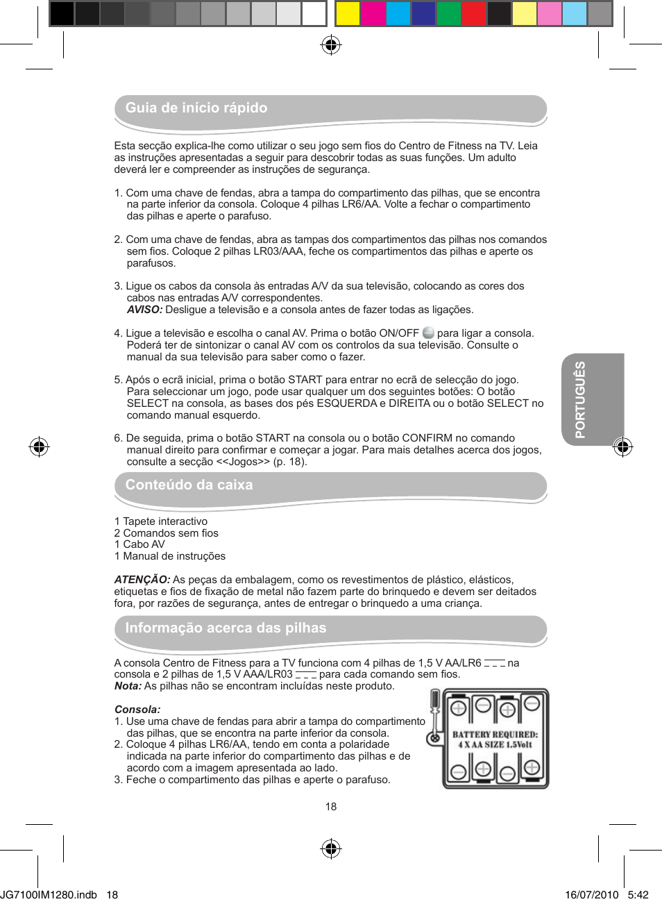 Guia de início rápido, Conteúdo da caixa, Informação acerca das pilhas | Lexibook JG7100 User Manual | Page 18 / 44