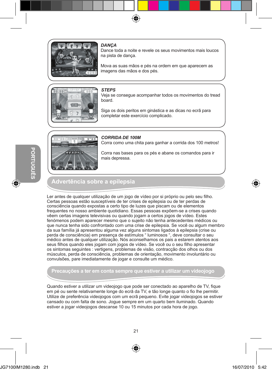 Advertência sobre a epilepsia | Lexibook JG7100 User Manual | Page 21 / 44