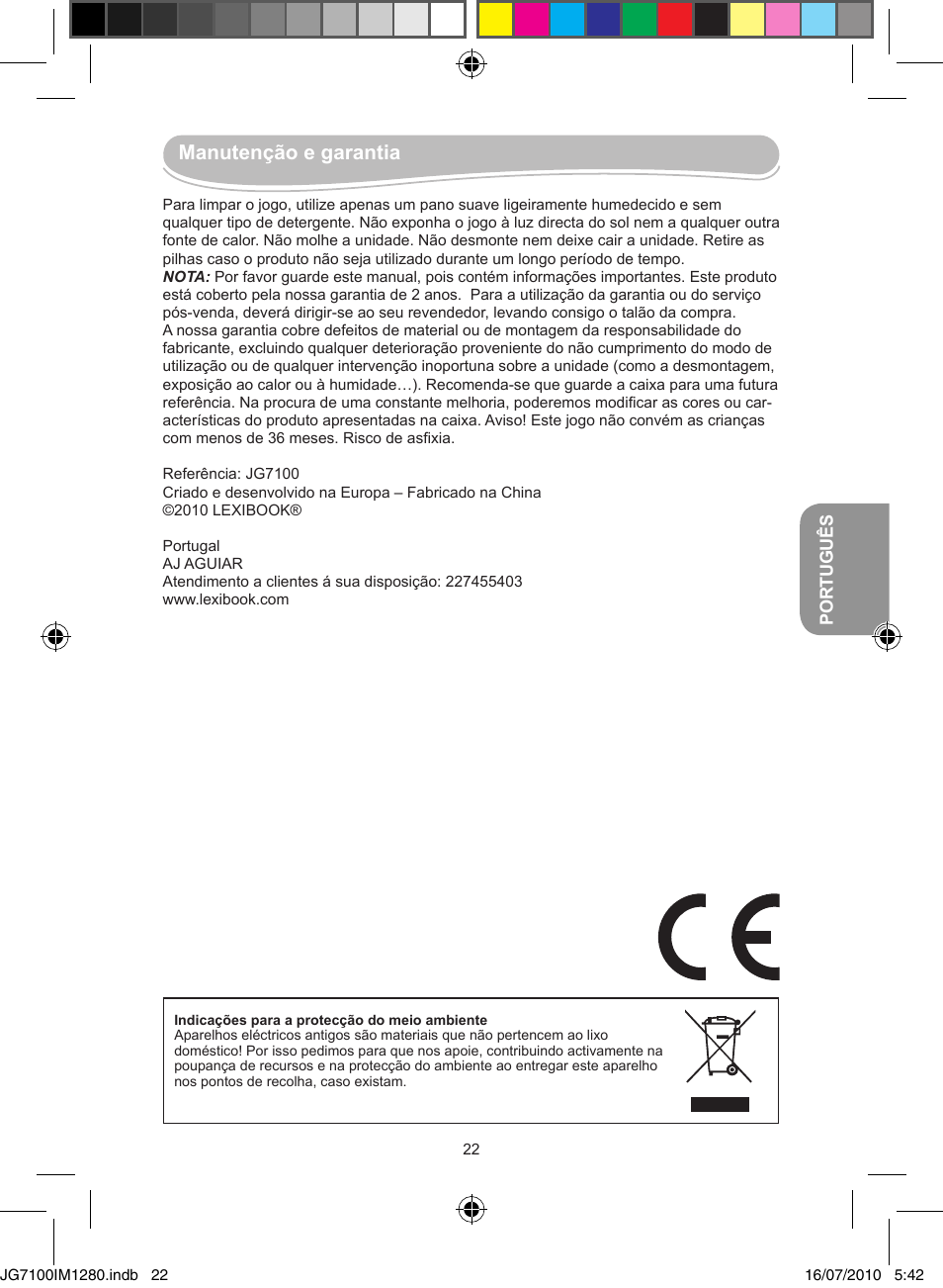 Manutenção e garantia | Lexibook JG7100 User Manual | Page 22 / 44