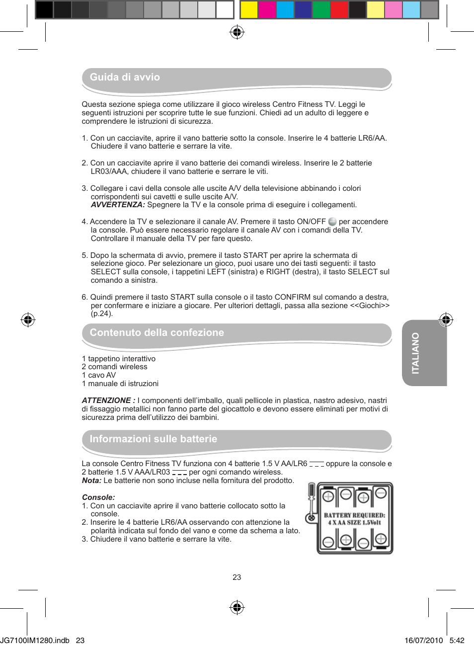 Guida di avvio, Contenuto della confezione, Informazioni sulle batterie | Lexibook JG7100 User Manual | Page 23 / 44