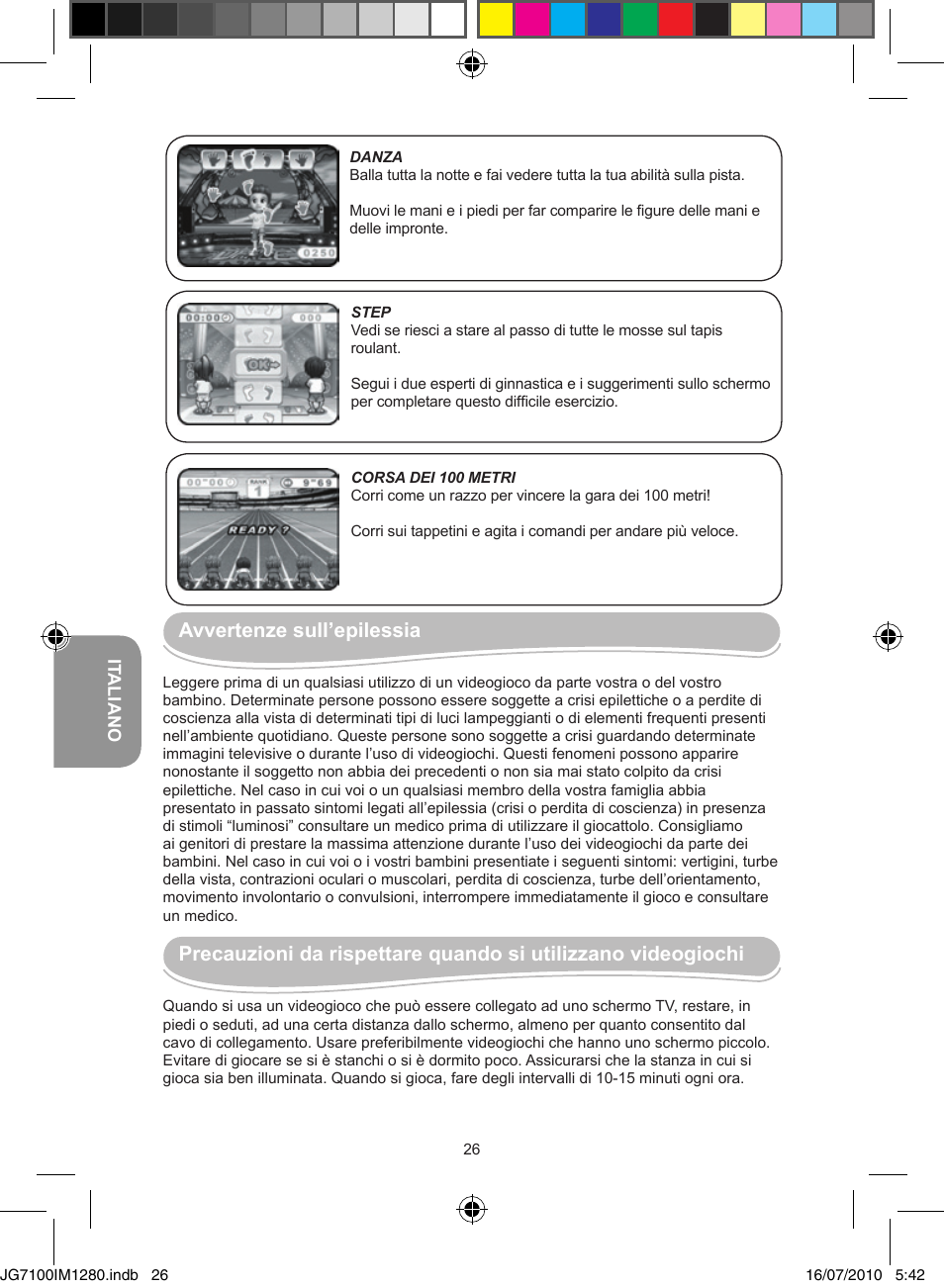 Avvertenze sull’epilessia | Lexibook JG7100 User Manual | Page 26 / 44