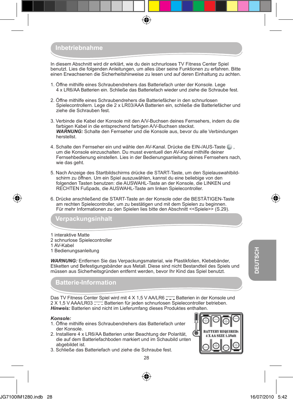 Inbetriebnahme, Verpackungsinhalt, Batterie-information | Lexibook JG7100 User Manual | Page 28 / 44