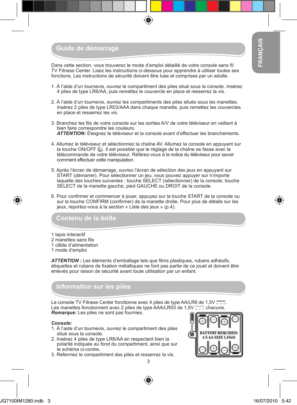 Guide de démarrage, Contenu de la boîte, Information sur les piles | Lexibook JG7100 User Manual | Page 3 / 44