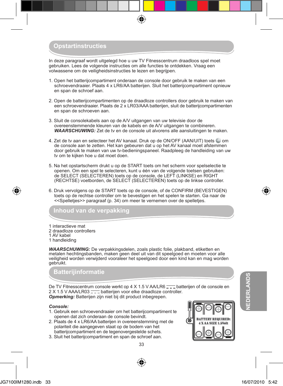 Opstartinstructies, Inhoud van de verpakking, Batterijinformatie | Lexibook JG7100 User Manual | Page 33 / 44