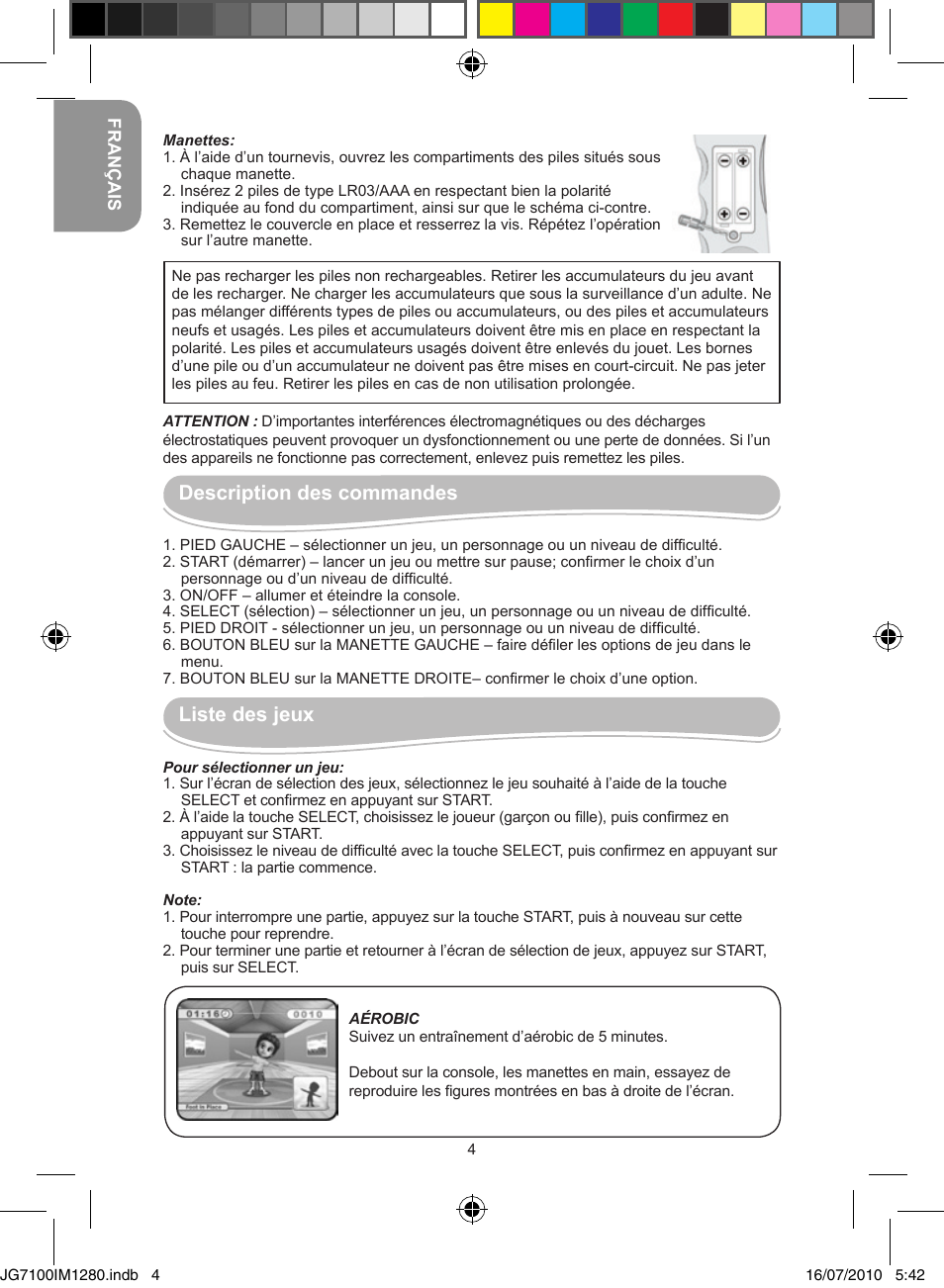 Description des commandes, Liste des jeux | Lexibook JG7100 User Manual | Page 4 / 44