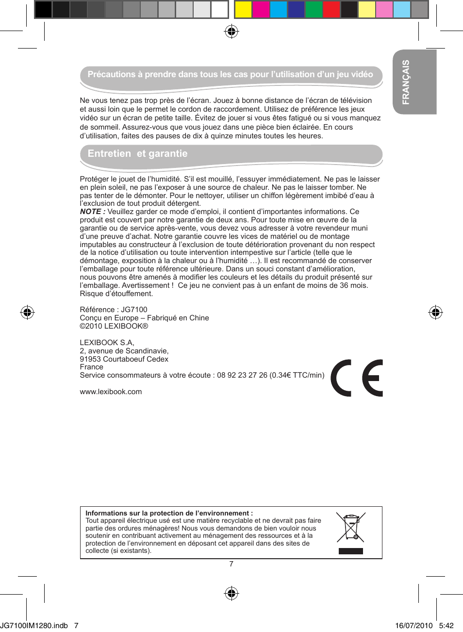 Entretien et garantie | Lexibook JG7100 User Manual | Page 7 / 44