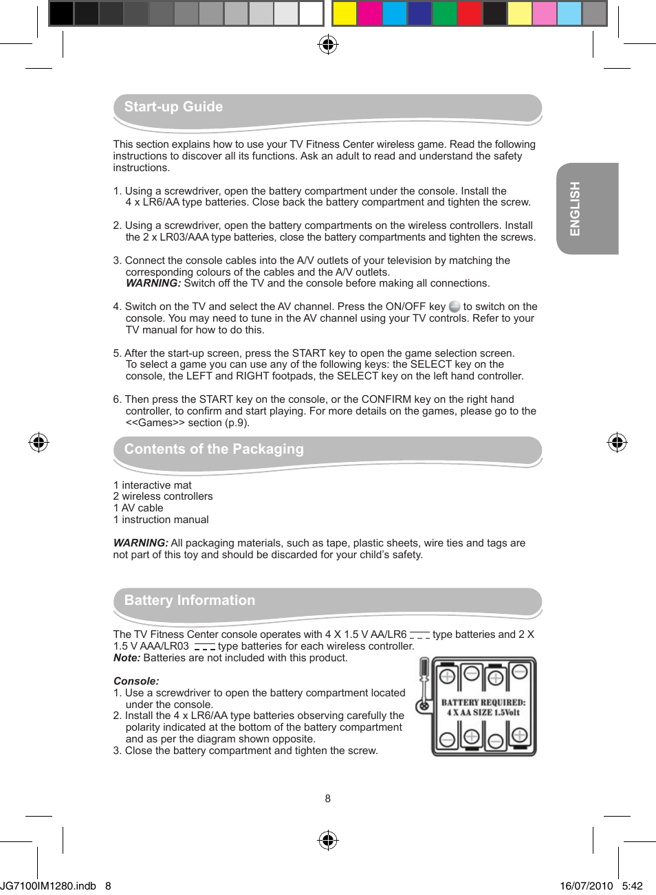 Start-up guide, Contents of the packaging, Battery information | Lexibook JG7100 User Manual | Page 8 / 44