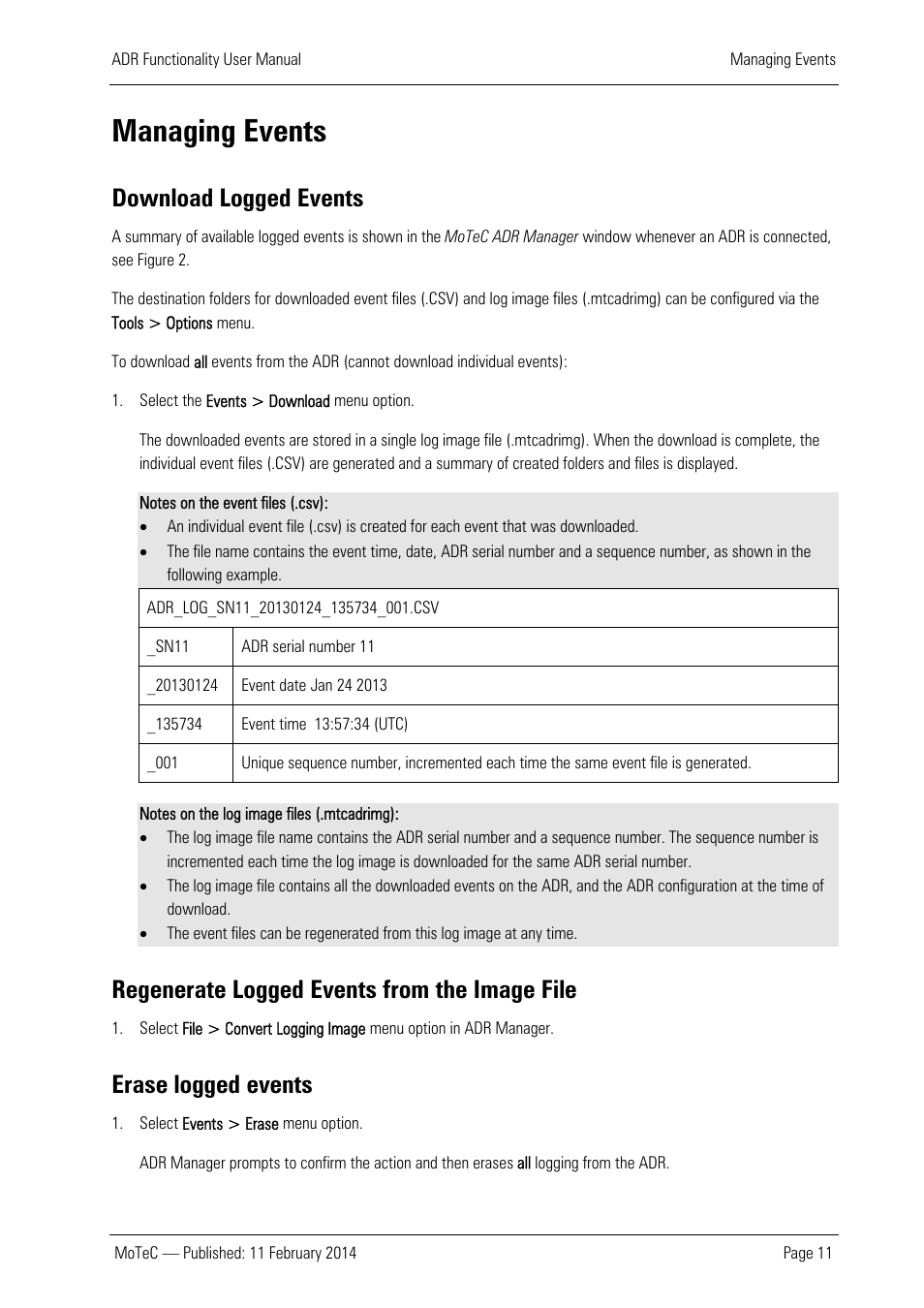 Managing events, Download logged events, Regenerate logged events from the image file | Erase logged events | MoTeC ADR User Manual | Page 12 / 25