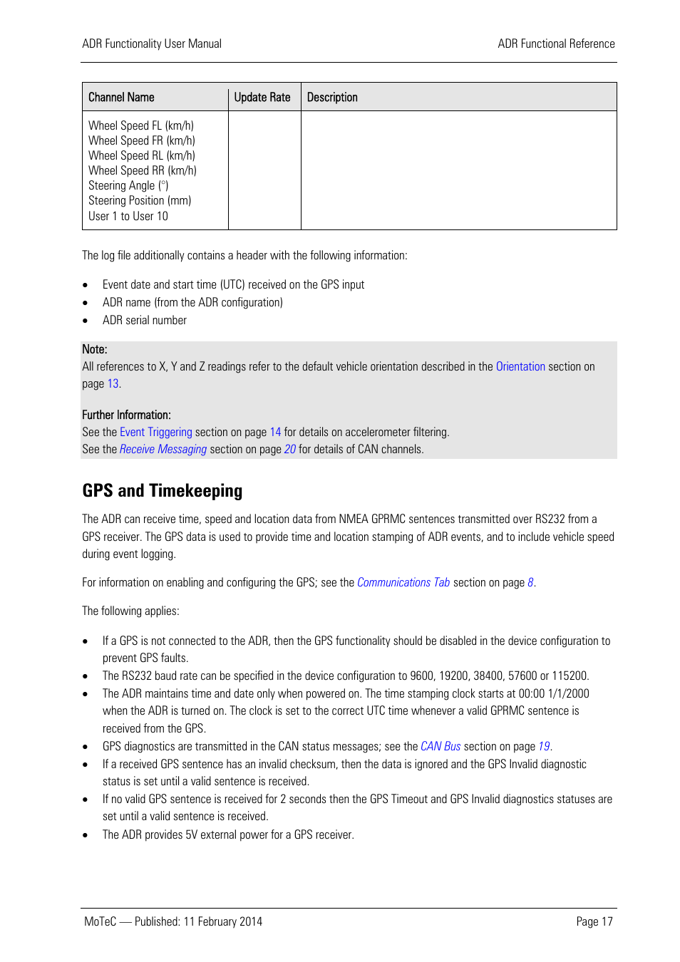 Gps and timekeeping, See the, For mo | MoTeC ADR User Manual | Page 18 / 25