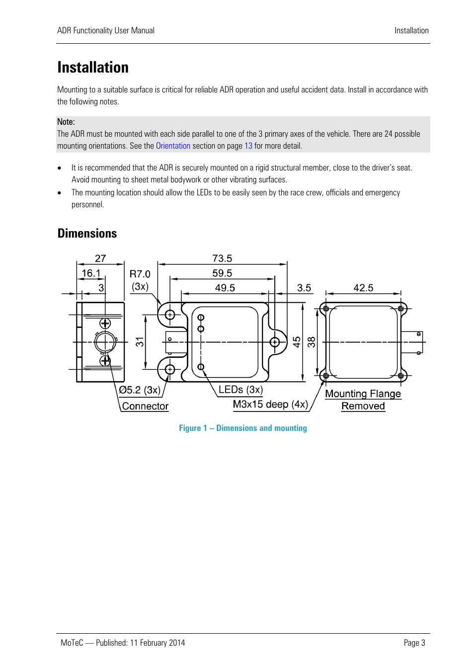Installation, Dimensions | MoTeC ADR User Manual | Page 4 / 25