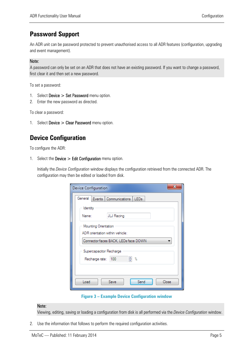 Password support, Device configuration | MoTeC ADR User Manual | Page 6 / 25