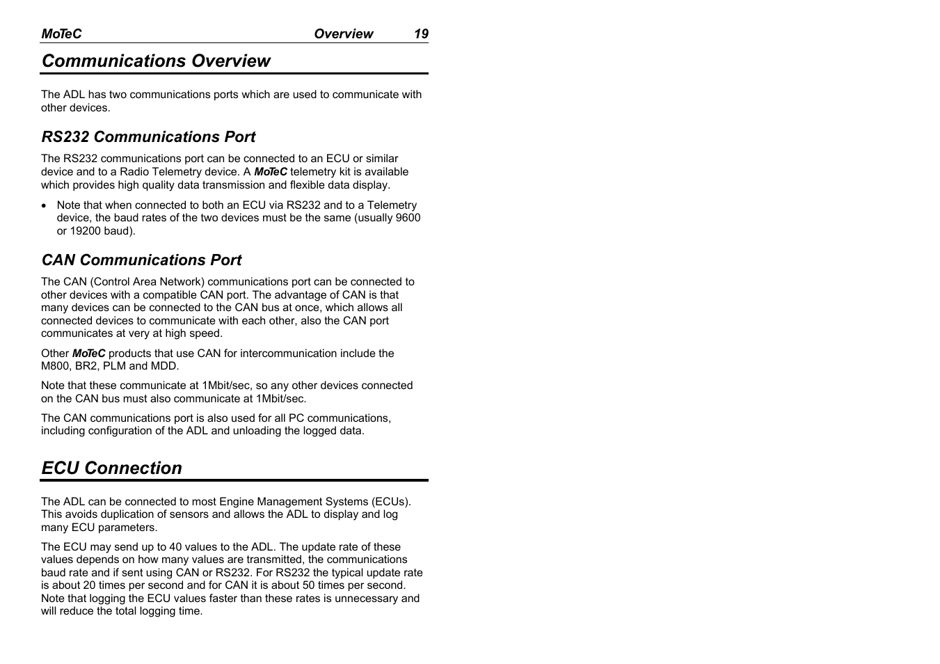 Communications overview, Ecu connection | MoTeC ADL EDL User Manual | Page 21 / 81