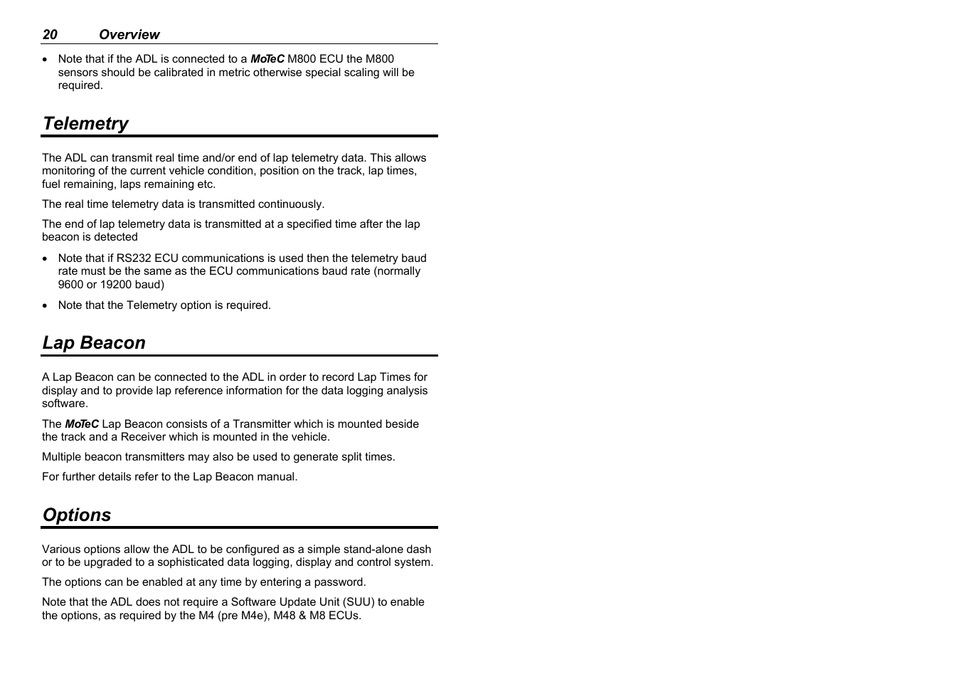 Telemetry, Lap beacon, Options | MoTeC ADL EDL User Manual | Page 22 / 81