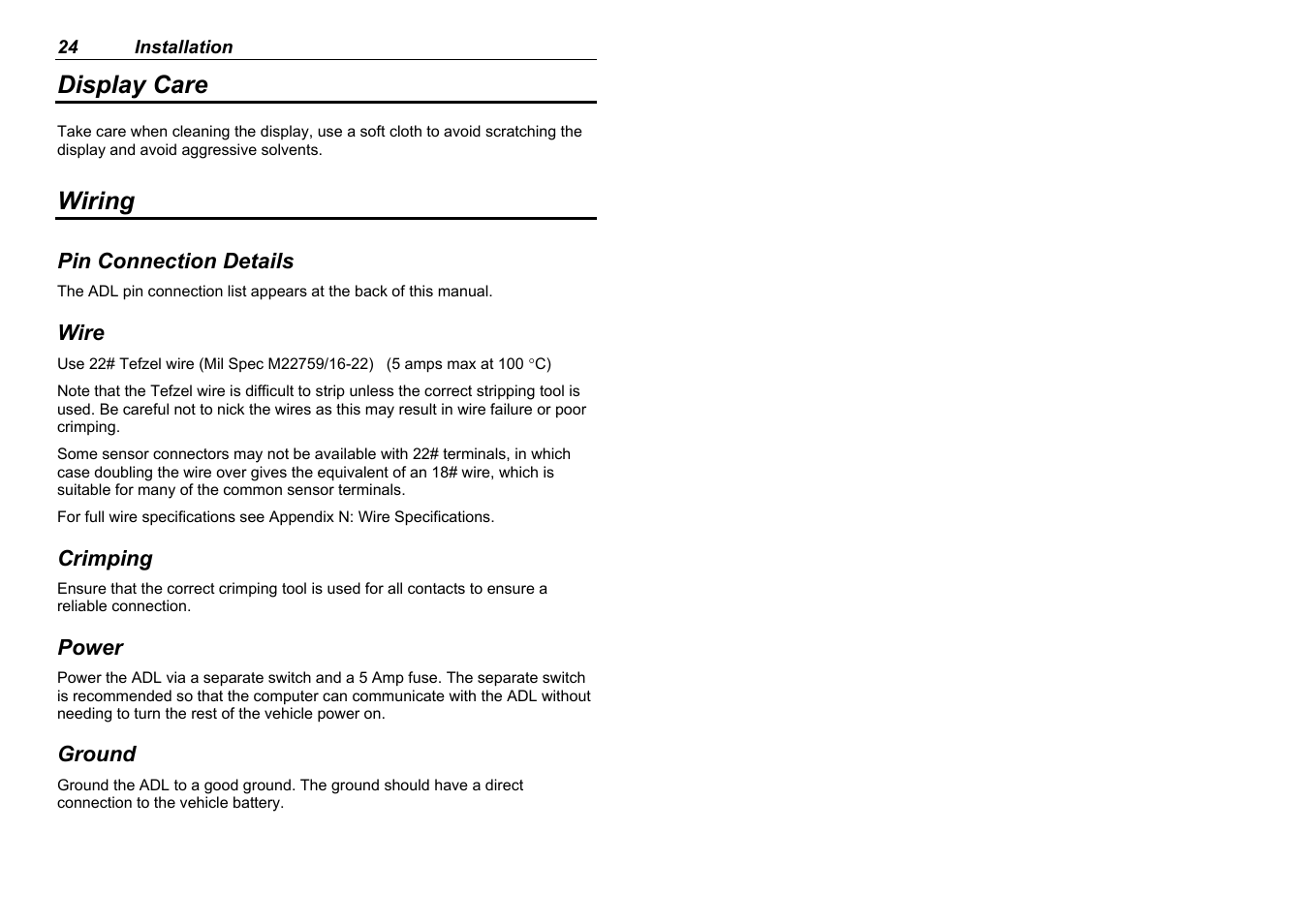 Display care, Wiring | MoTeC ADL EDL User Manual | Page 26 / 81