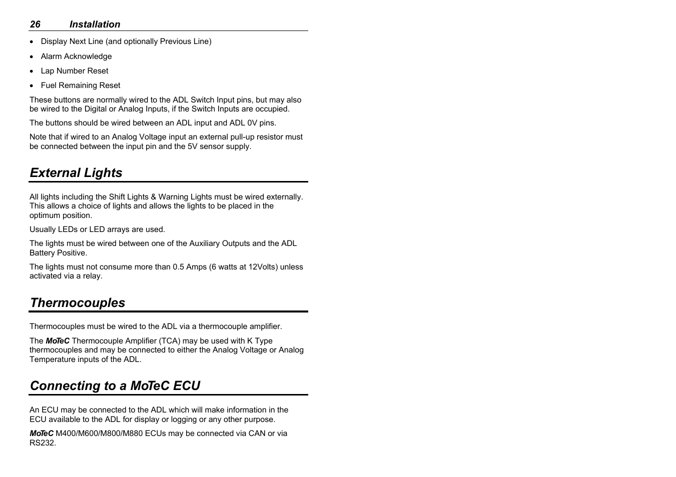 External lights, Thermocouples, Connecting to a motec ecu | MoTeC ADL EDL User Manual | Page 28 / 81