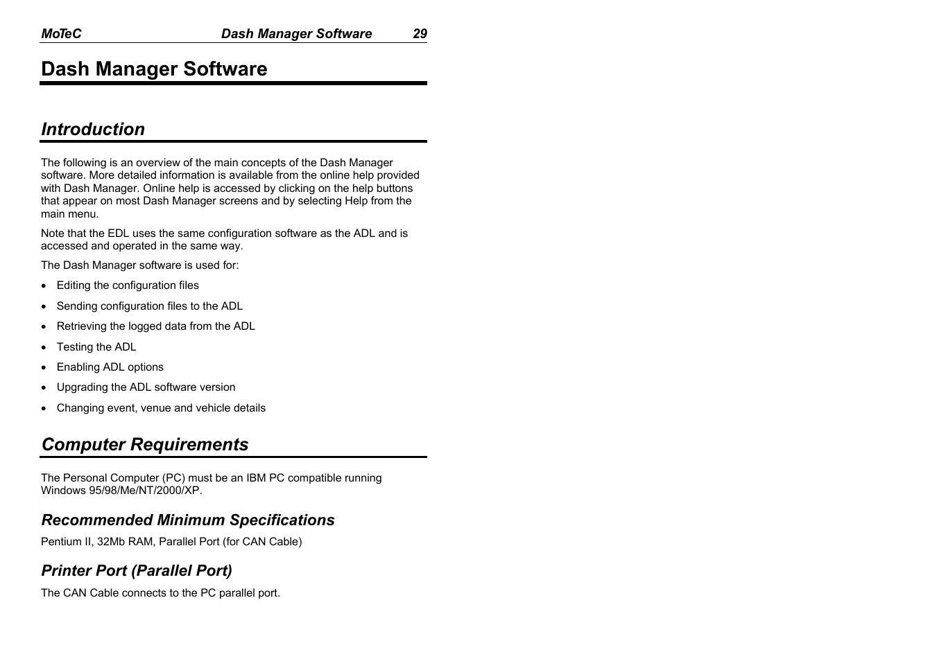 Dash manager software, Introduction, Computer requirements | MoTeC ADL EDL User Manual | Page 31 / 81