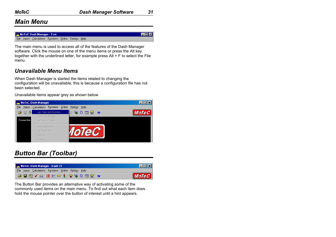 Main menu, Button bar (toolbar) | MoTeC ADL EDL User Manual | Page 33 / 81