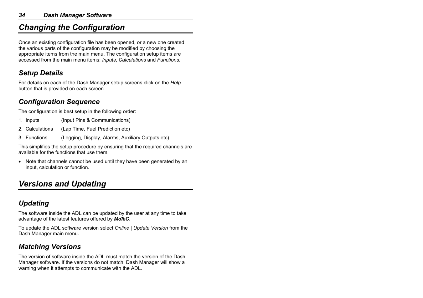 Changing the configuration, Versions and updating | MoTeC ADL EDL User Manual | Page 36 / 81