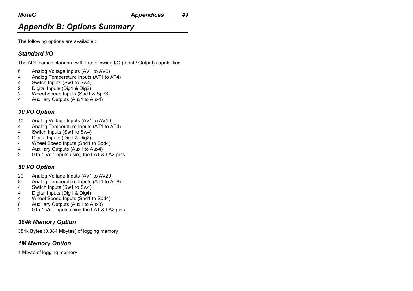 Appendix b: options summary | MoTeC ADL EDL User Manual | Page 51 / 81