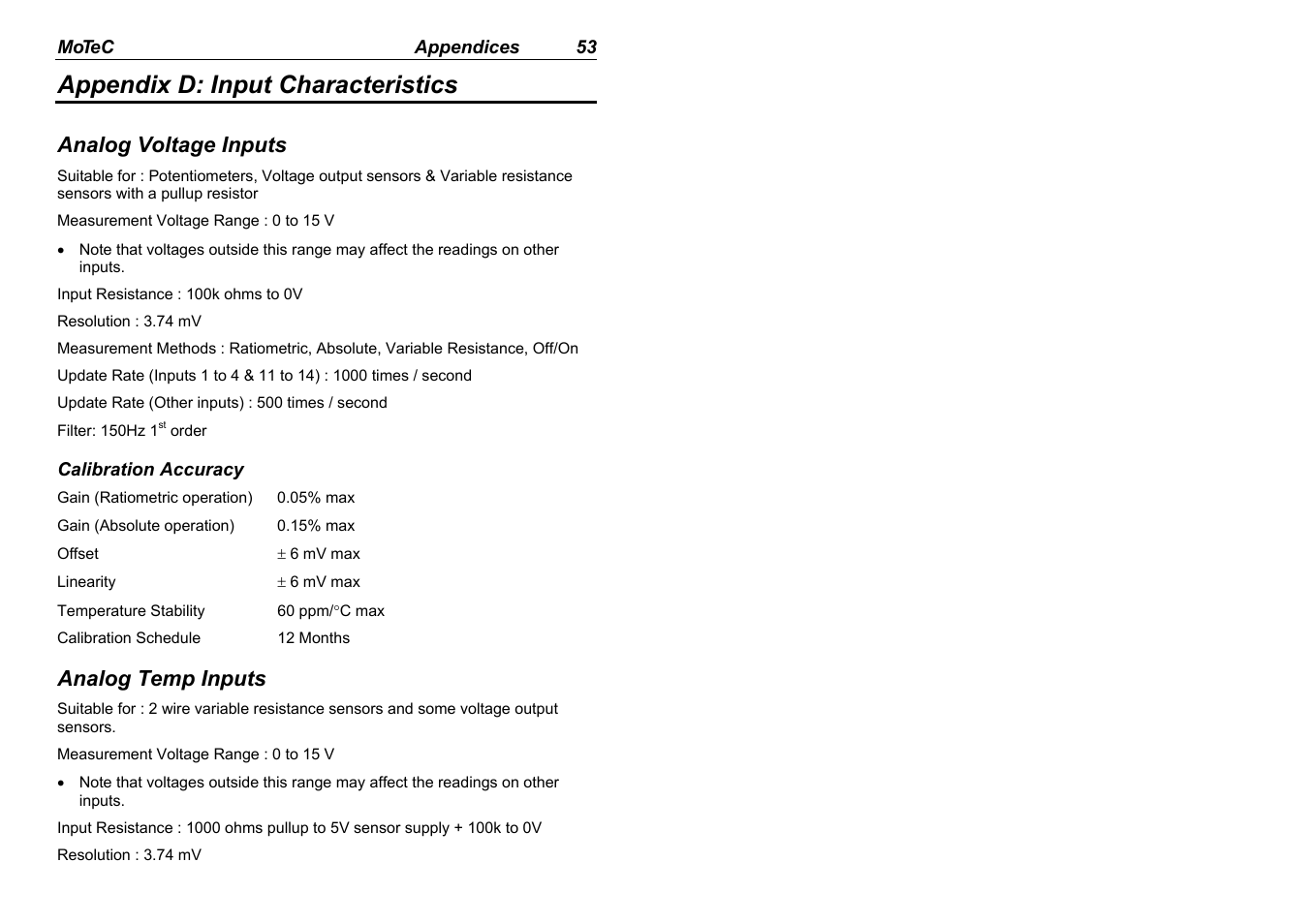 Appendix d: input characteristics, Analog voltage inputs, Analog temp inputs | MoTeC ADL EDL User Manual | Page 55 / 81