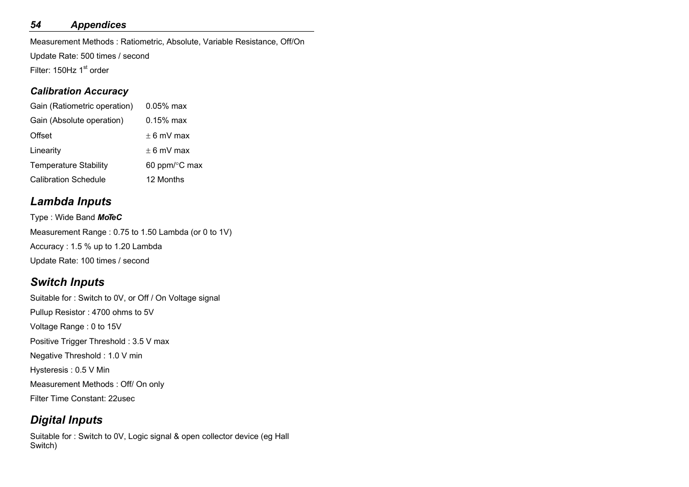 Lambda inputs, Switch inputs, Digital inputs | MoTeC ADL EDL User Manual | Page 56 / 81