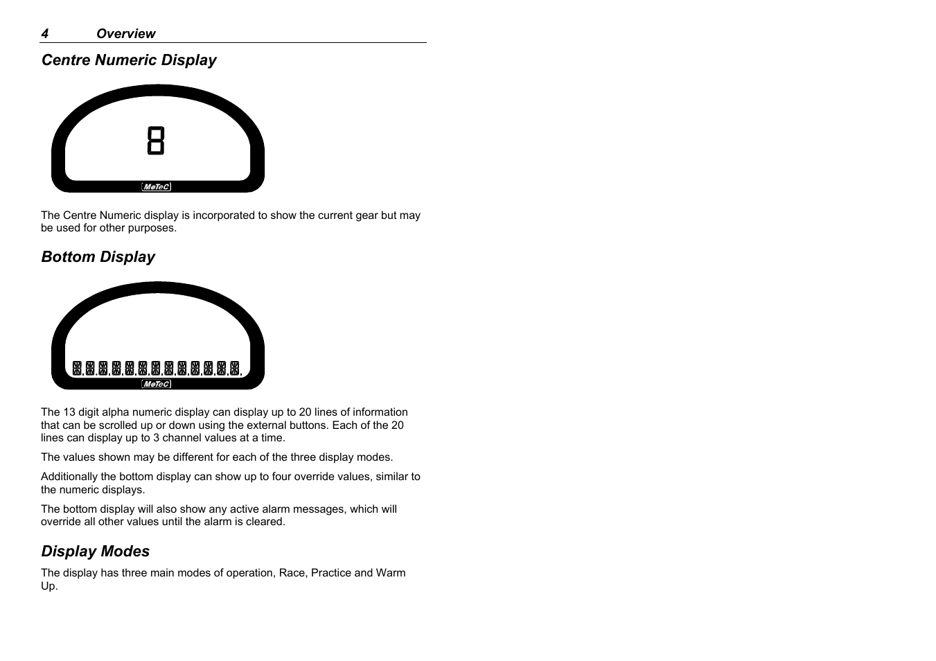 Centre numeric display, Bottom display, Display modes | MoTeC ADL EDL User Manual | Page 6 / 81