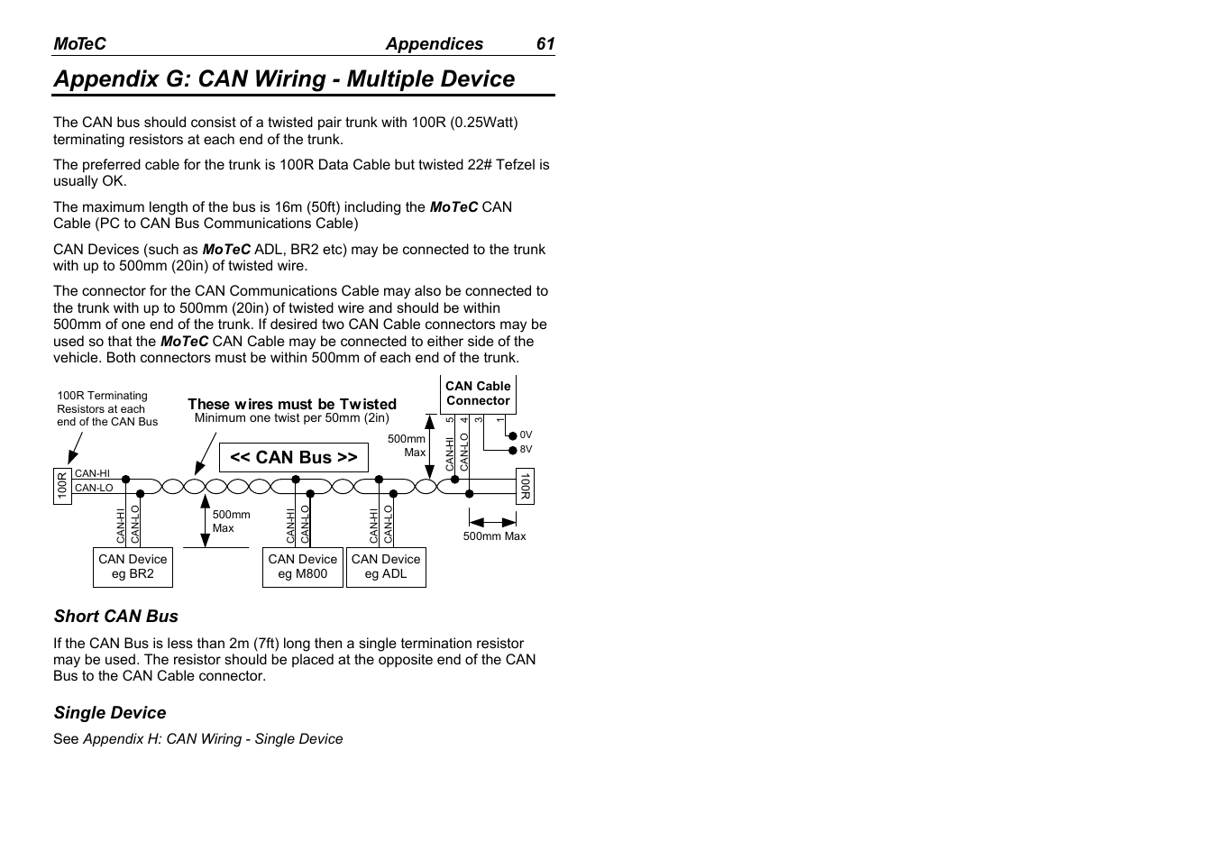 Appendix g: can wiring - multiple device, Motec appendices 61, Can bus | Short can bus, Single device | MoTeC ADL EDL User Manual | Page 63 / 81