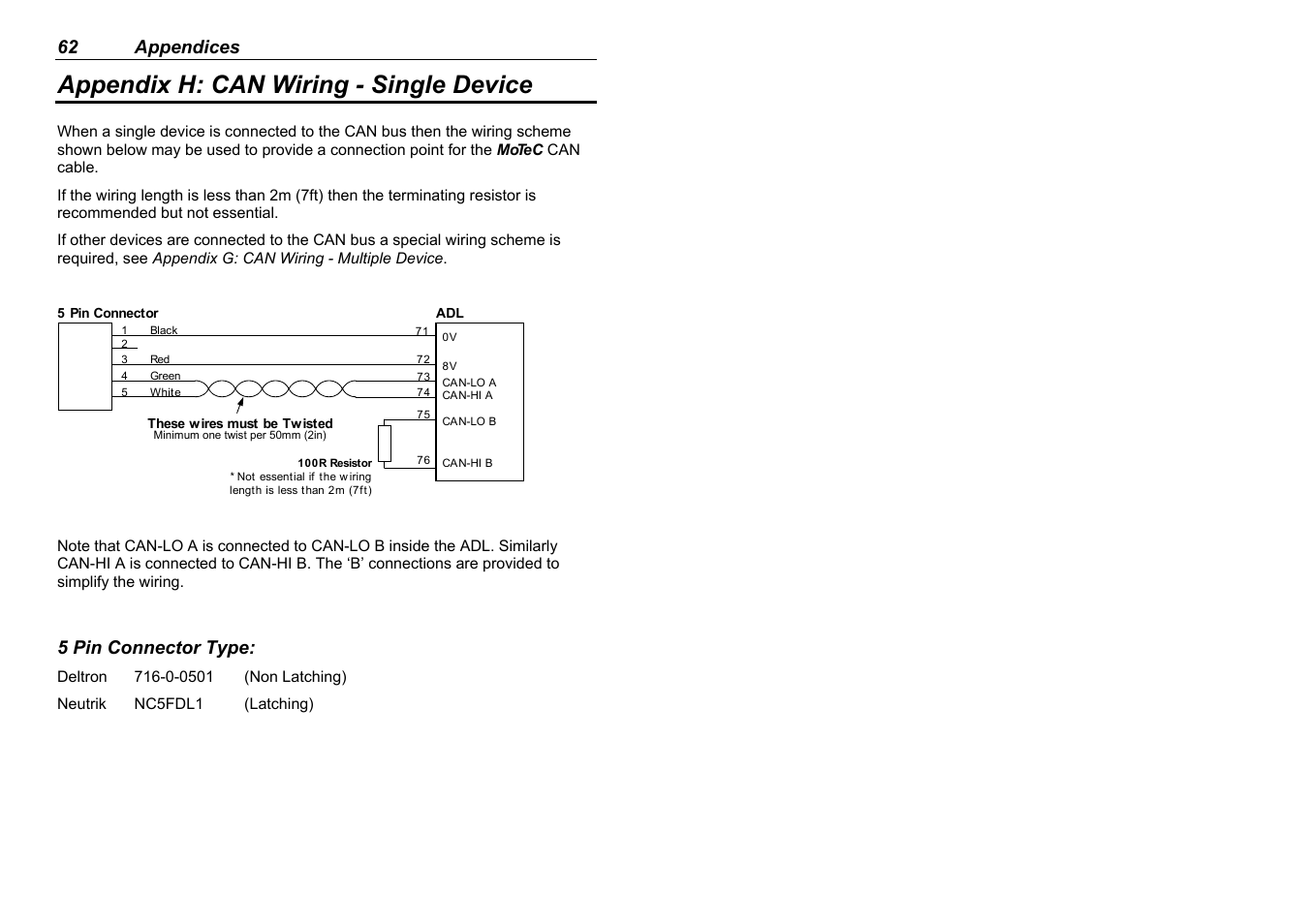 Appendix h: can wiring - single device | MoTeC ADL EDL User Manual | Page 64 / 81