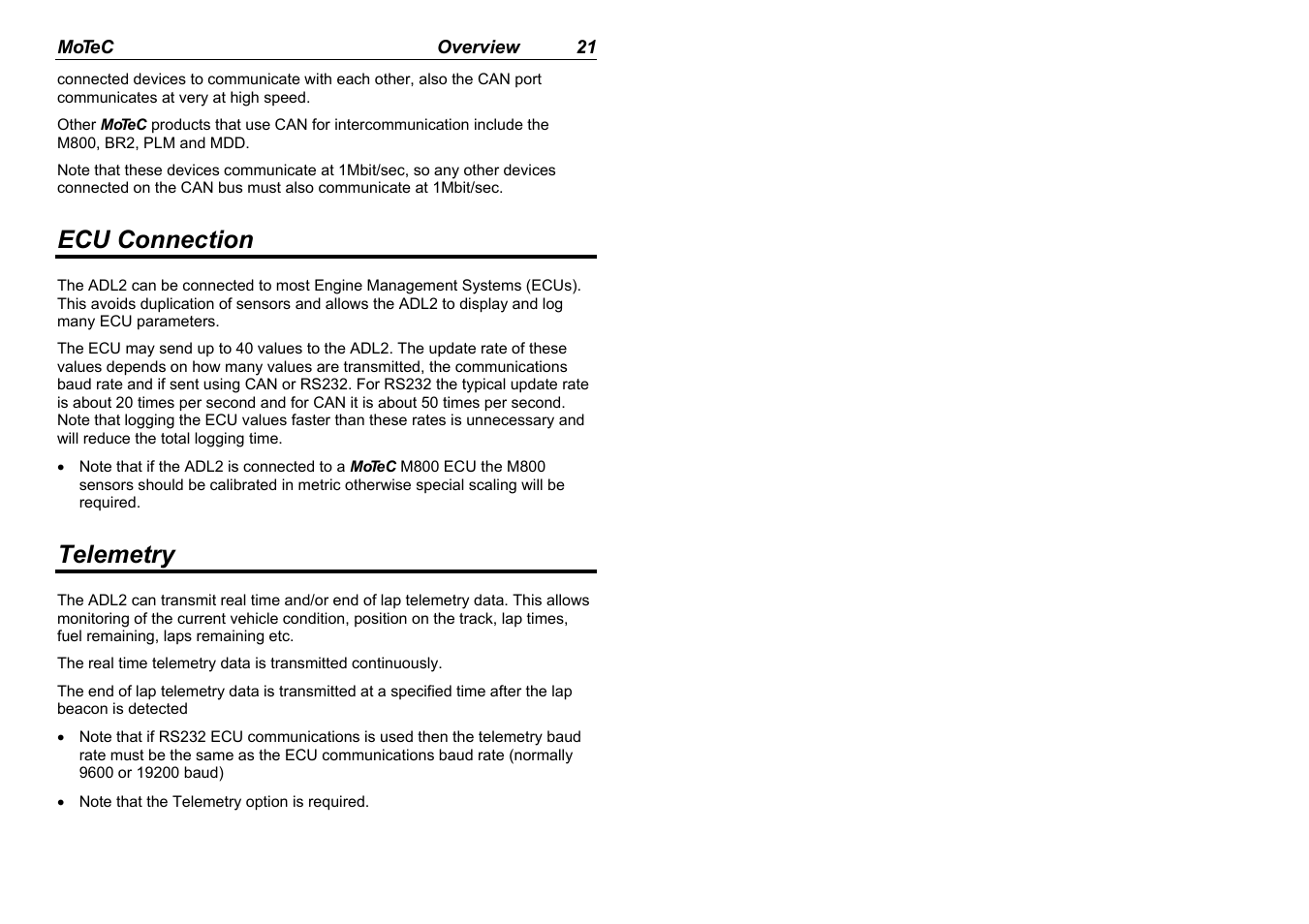 Ecu connection, Telemetry | MoTeC ADL2 EDL2 User Manual | Page 23 / 82