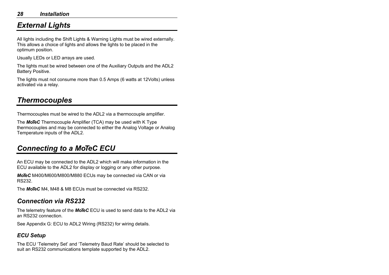 External lights, Thermocouples, Connecting to a motec ecu | MoTeC ADL2 EDL2 User Manual | Page 30 / 82