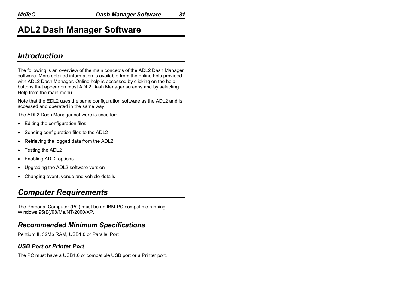 Adl2 dash manager software, Introduction, Computer requirements | MoTeC ADL2 EDL2 User Manual | Page 33 / 82