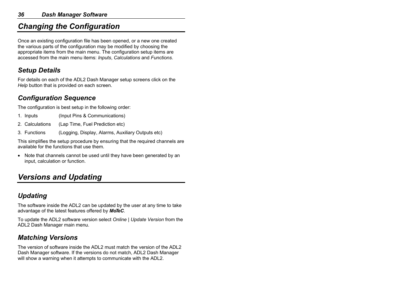 Changing the configuration, Versions and updating | MoTeC ADL2 EDL2 User Manual | Page 38 / 82