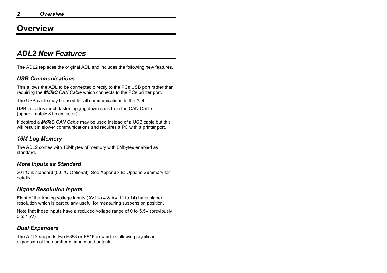 Overview, Adl2 new features | MoTeC ADL2 EDL2 User Manual | Page 4 / 82