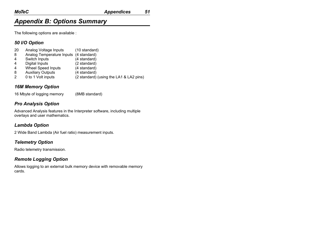 Appendix b: options summary | MoTeC ADL2 EDL2 User Manual | Page 53 / 82