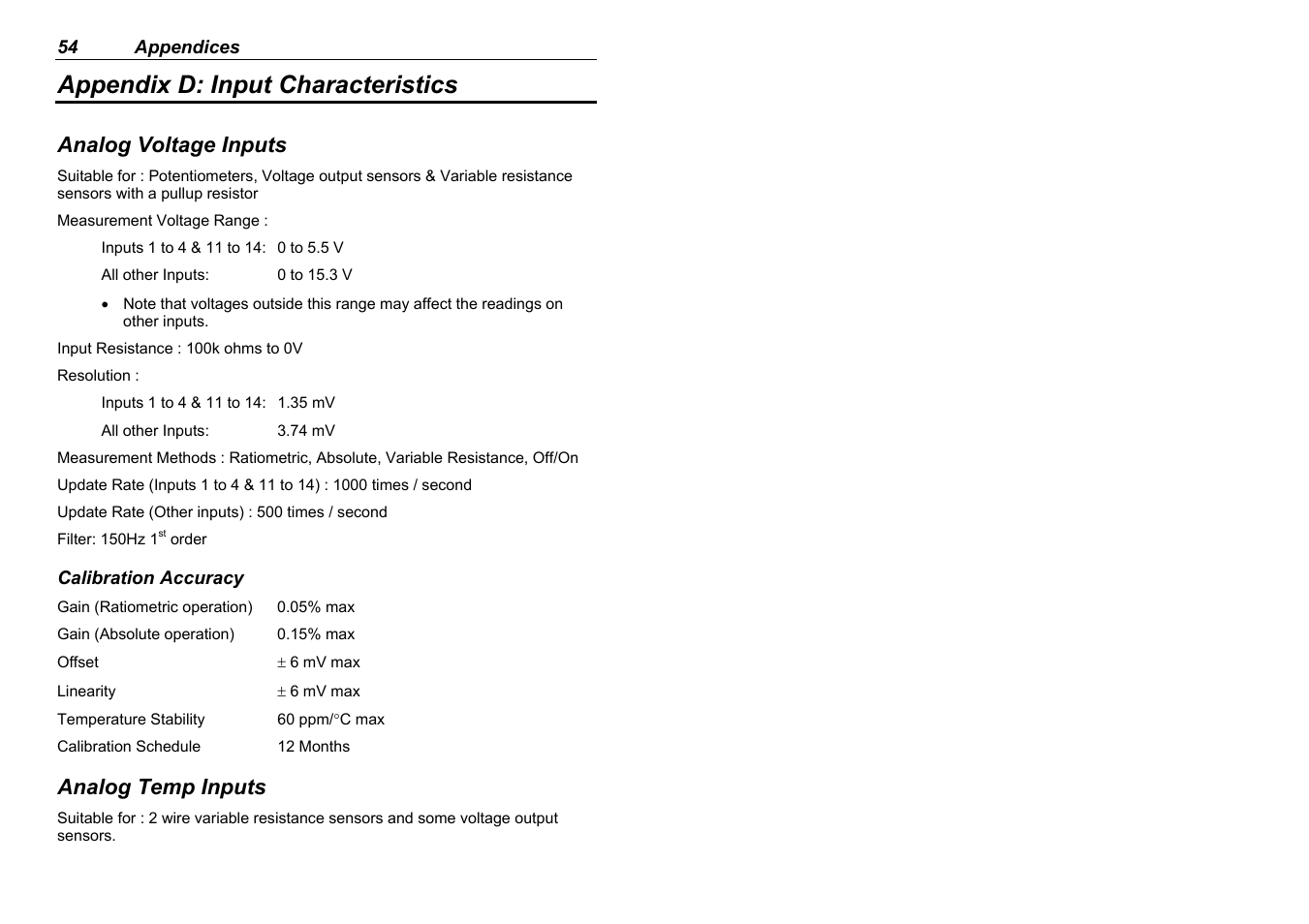 Appendix d: input characteristics, Analog voltage inputs, Analog temp inputs | MoTeC ADL2 EDL2 User Manual | Page 56 / 82