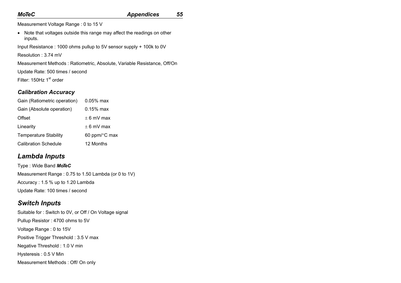 Lambda inputs, Switch inputs | MoTeC ADL2 EDL2 User Manual | Page 57 / 82