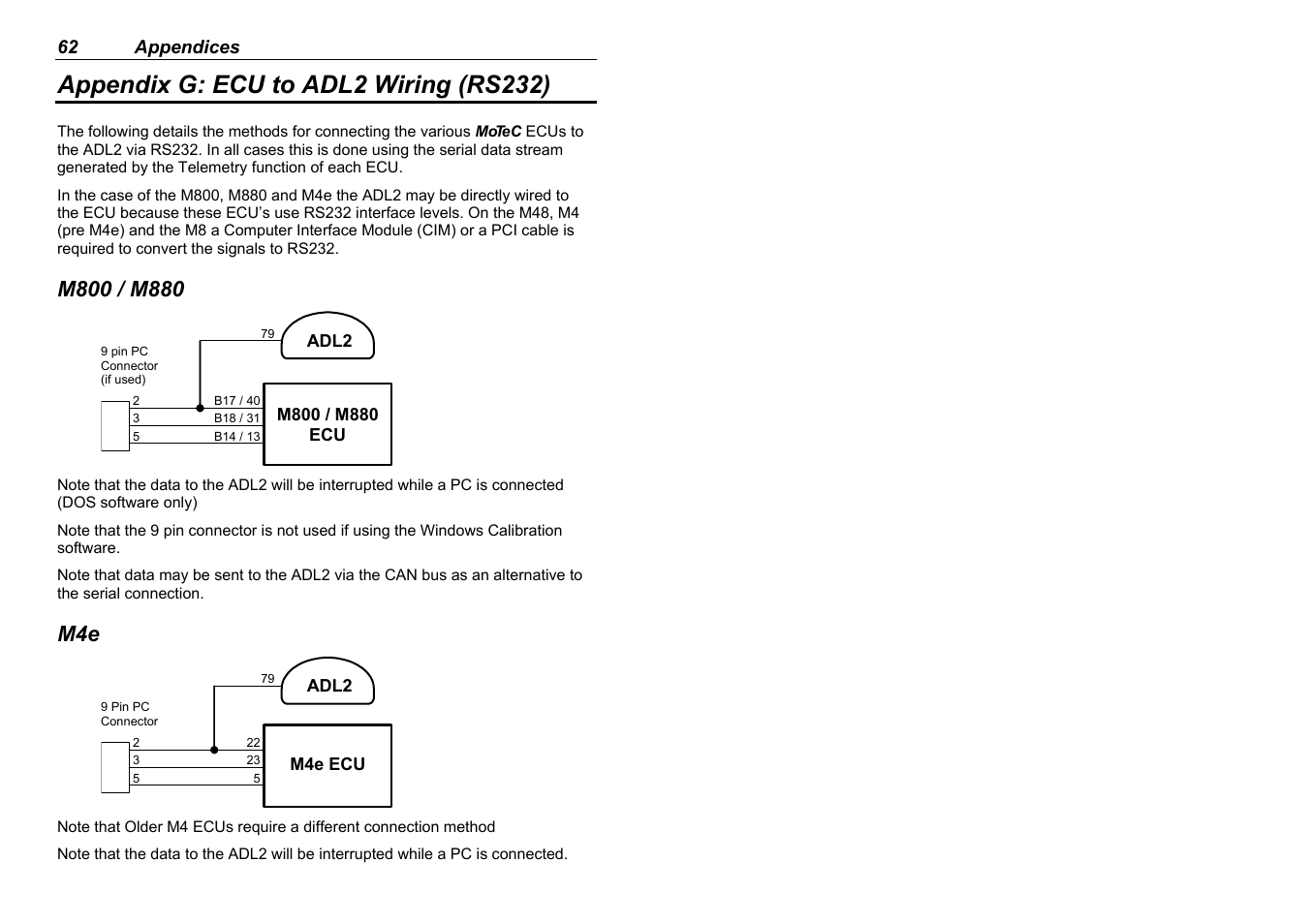 Appendix g: ecu to adl2 wiring (rs232) | MoTeC ADL2 EDL2 User Manual | Page 64 / 82