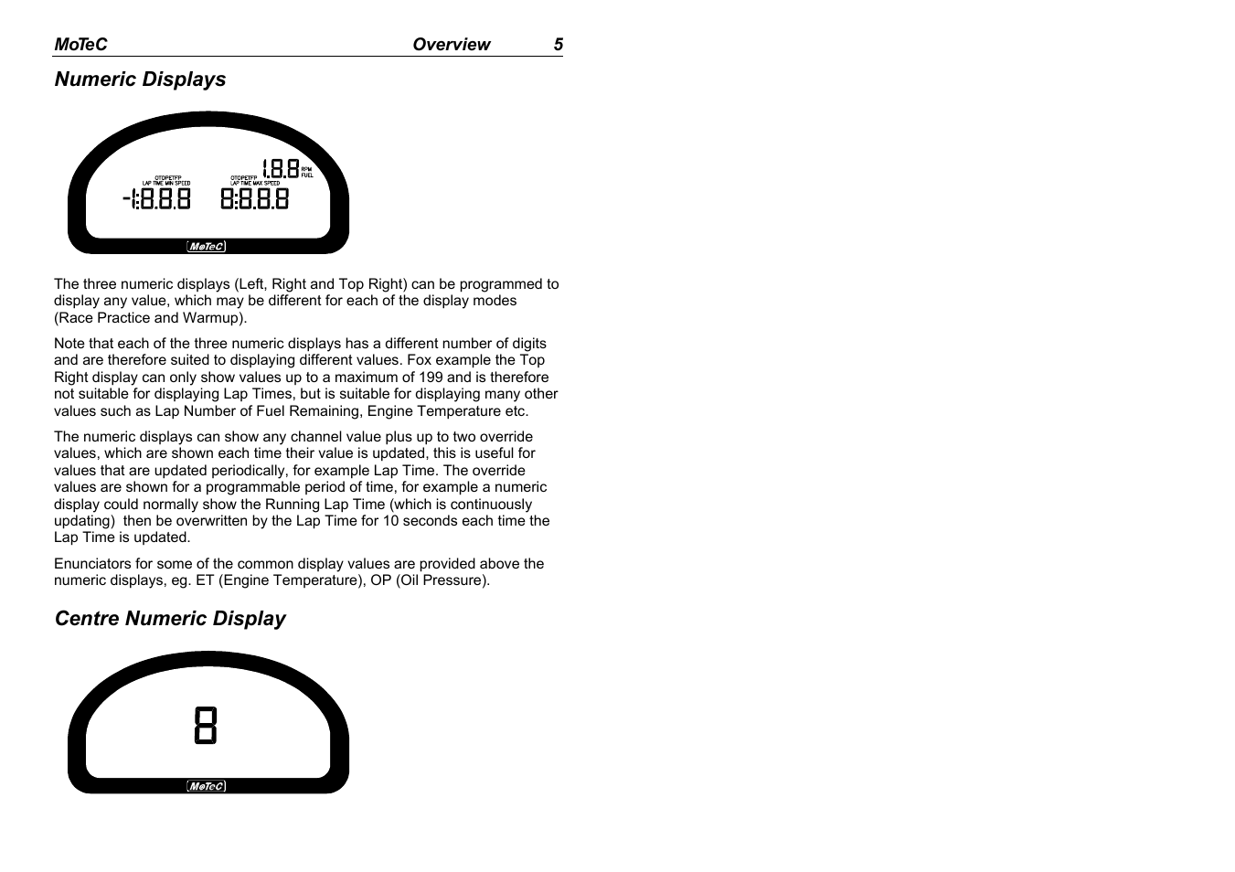 Numeric displays, Centre numeric display | MoTeC ADL2 EDL2 User Manual | Page 7 / 82