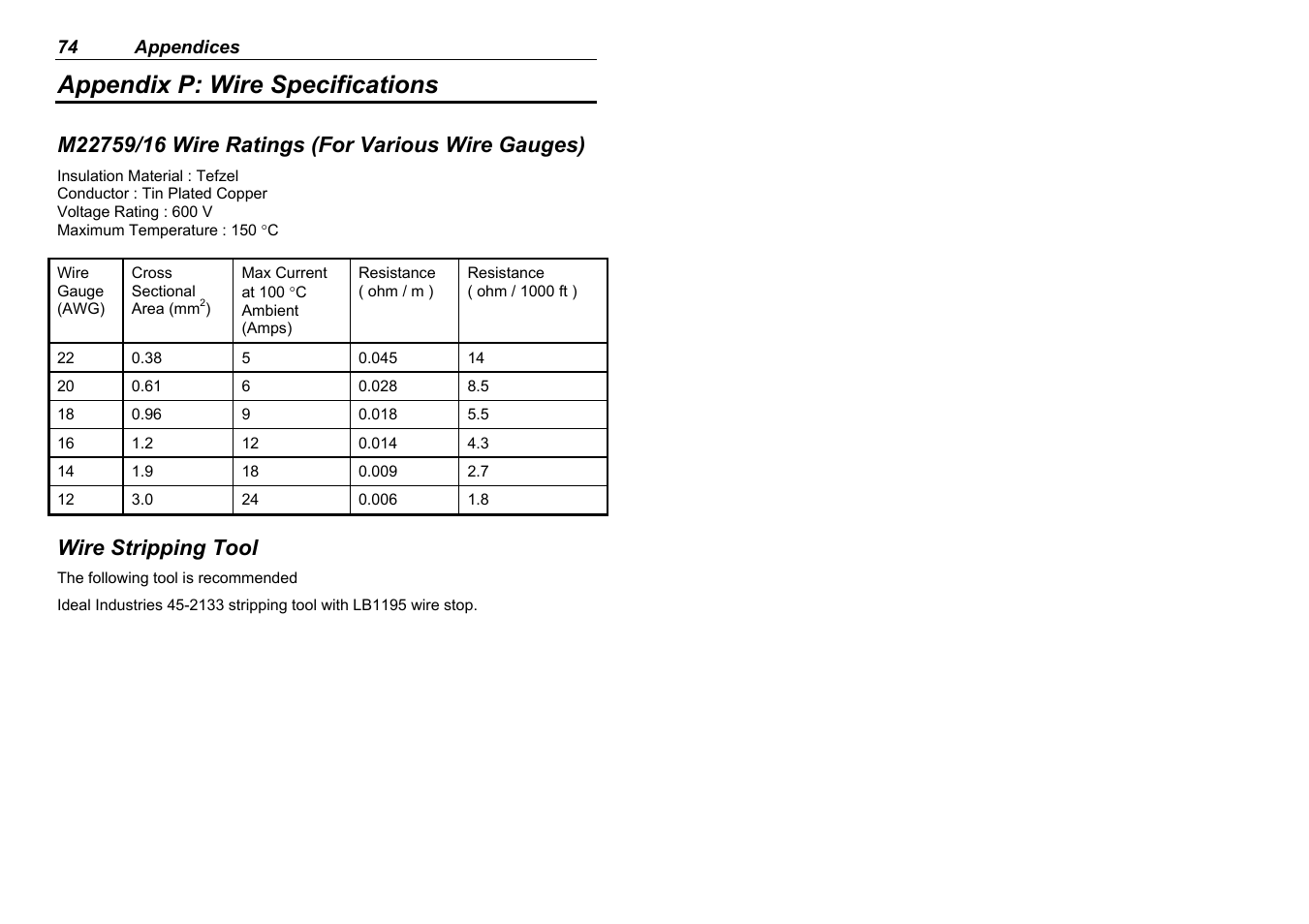 Appendix p: wire specifications, Wire stripping tool | MoTeC ADL2 EDL2 User Manual | Page 76 / 82