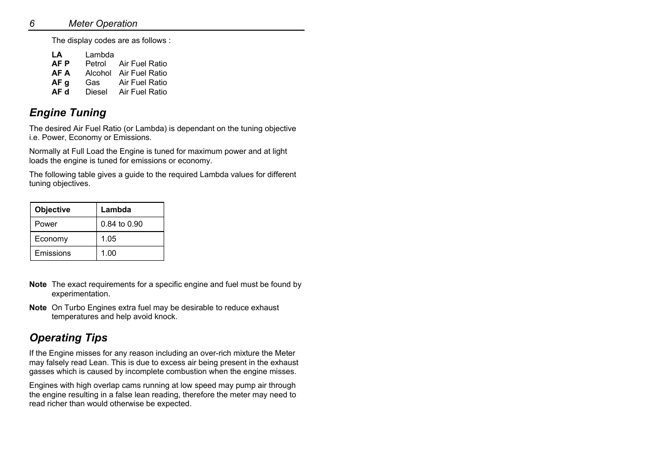 Engine tuning, Operating tips | MoTeC AFM1 User Manual | Page 10 / 20