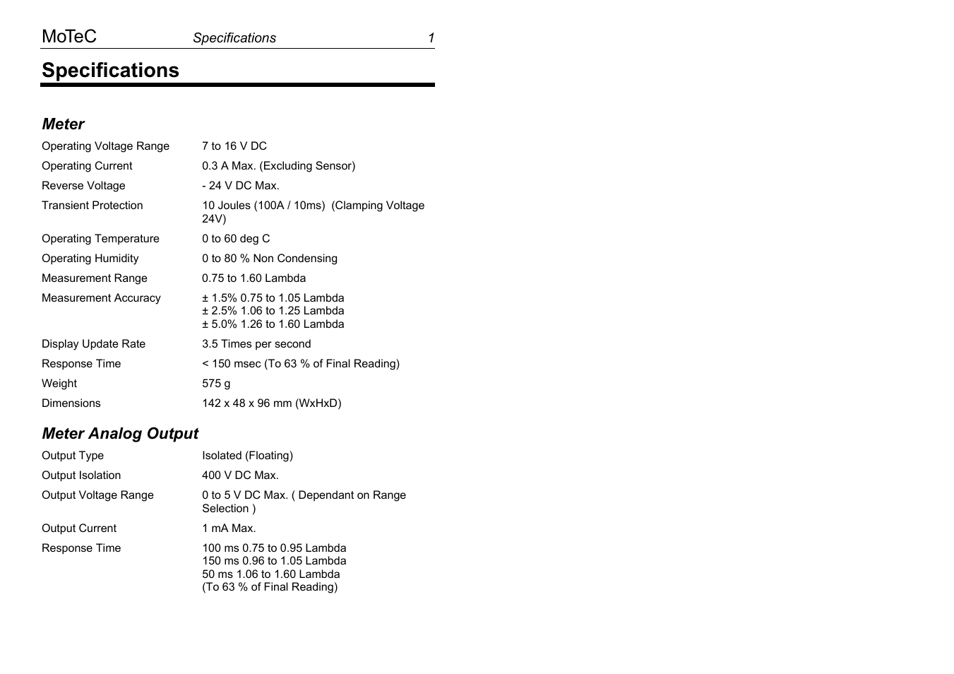 Specifications, Motec | MoTeC AFM1 User Manual | Page 5 / 20