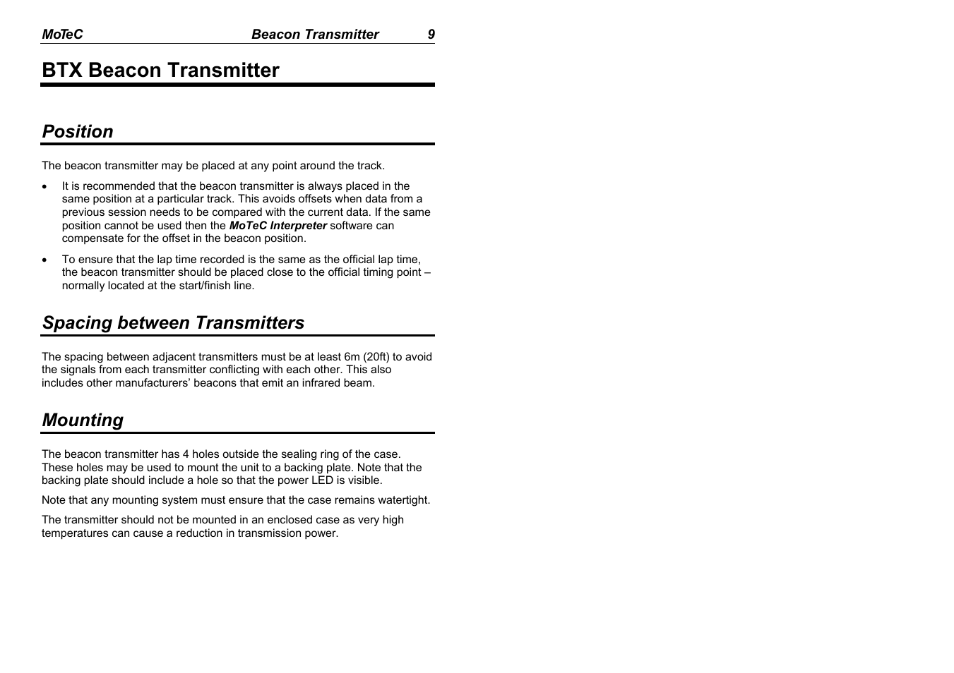 Btx beacon transmitter, Position, Spacing between transmitters | Mounting | MoTeC BR2 BTX User Manual | Page 11 / 47