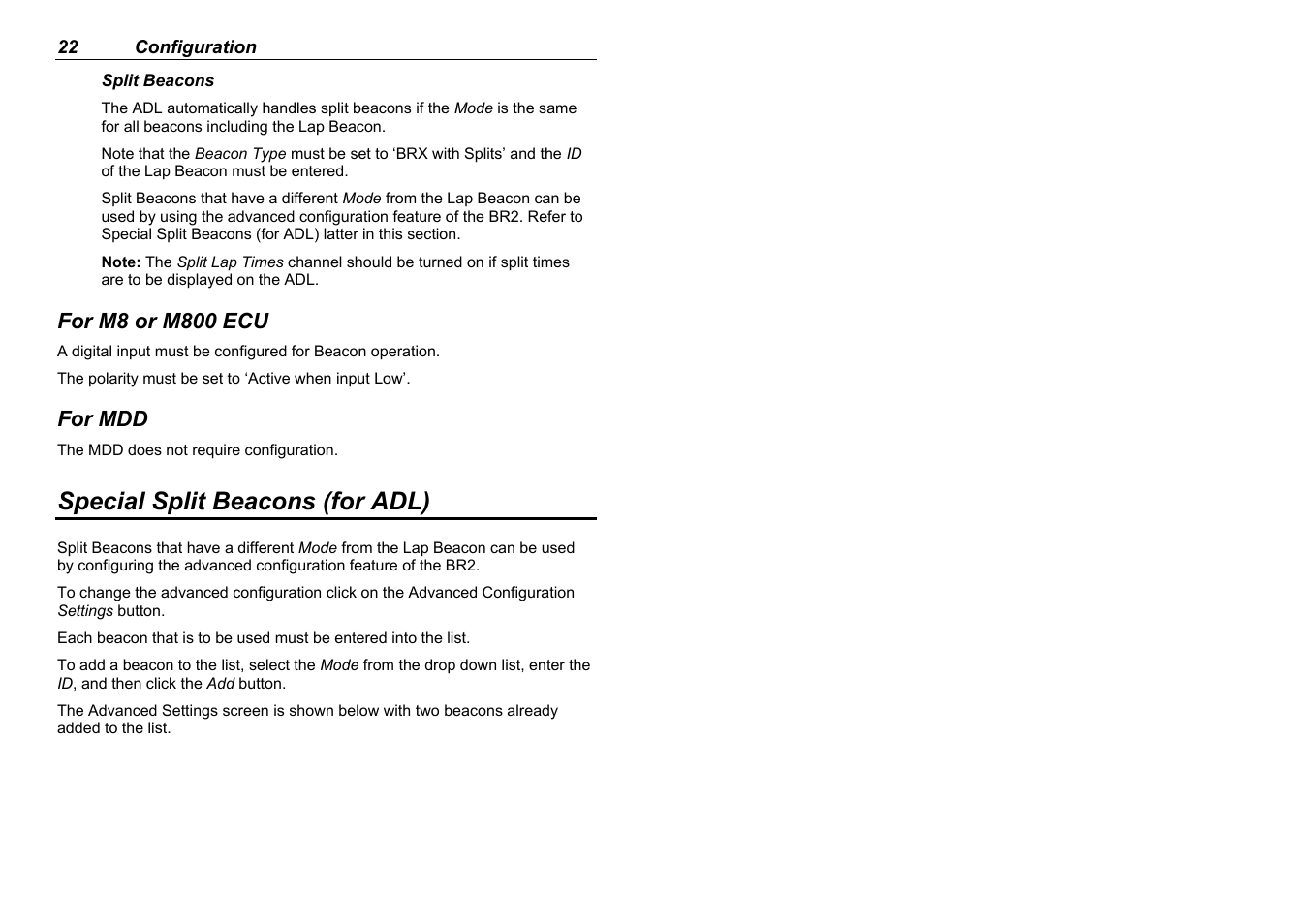 Special split beacons (for adl) | MoTeC BR2 BTX User Manual | Page 24 / 47