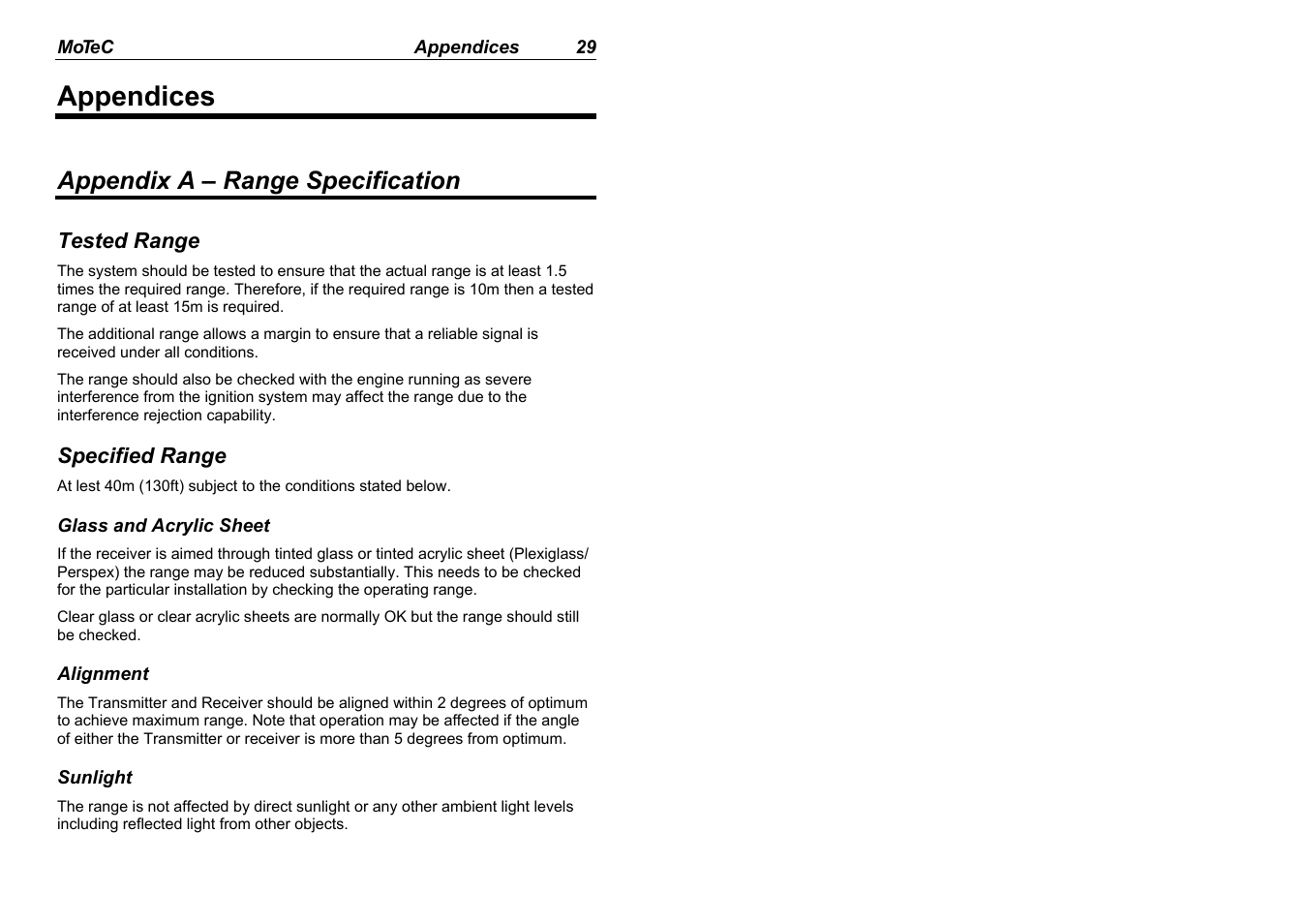 Appendices, Appendix a – range specification | MoTeC BR2 BTX User Manual | Page 31 / 47