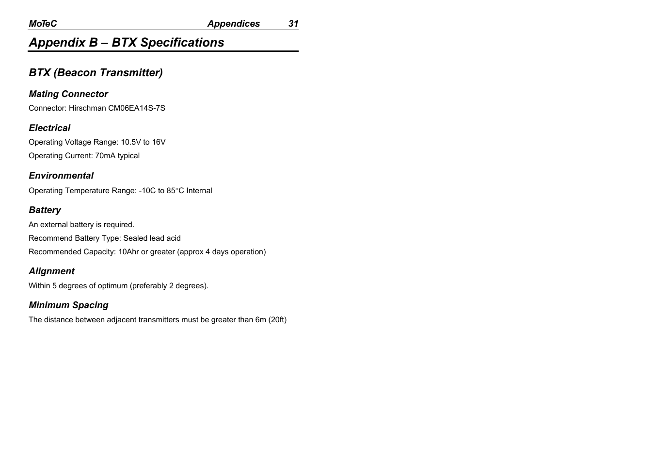 Appendix b – btx specifications | MoTeC BR2 BTX User Manual | Page 33 / 47
