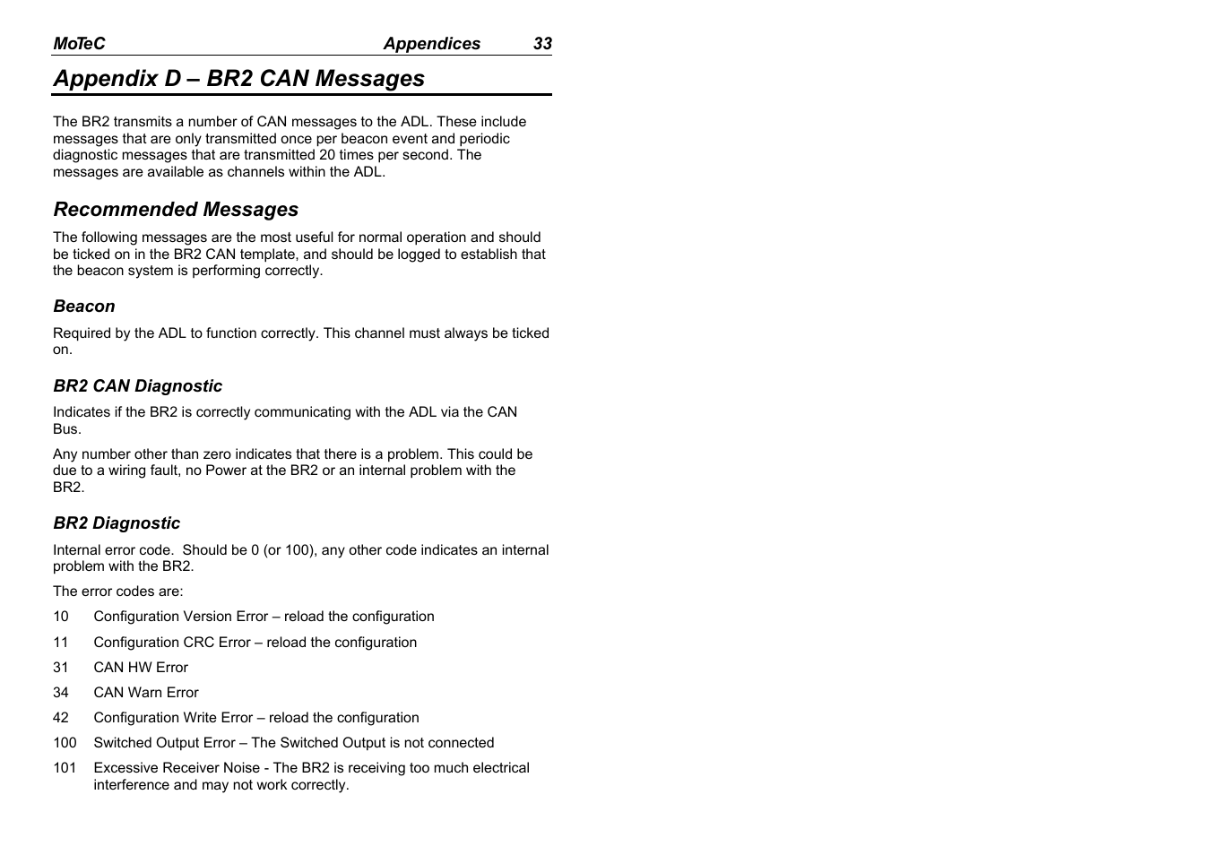 Appendix d – br2 can messages | MoTeC BR2 BTX User Manual | Page 35 / 47