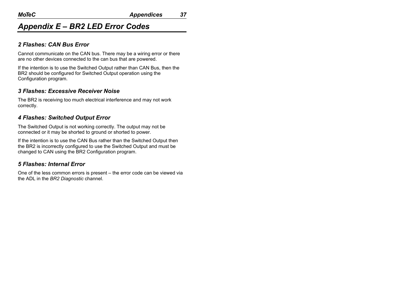 Appendix e – br2 led error codes | MoTeC BR2 BTX User Manual | Page 39 / 47